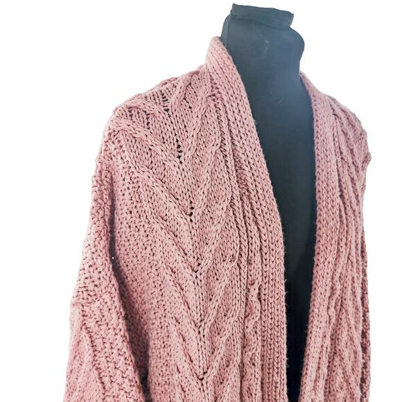 Topshop Women’s Chunky Cable Knit Long Open Front Cardigan Pink Rose Size 8 - Picture 5 of 16